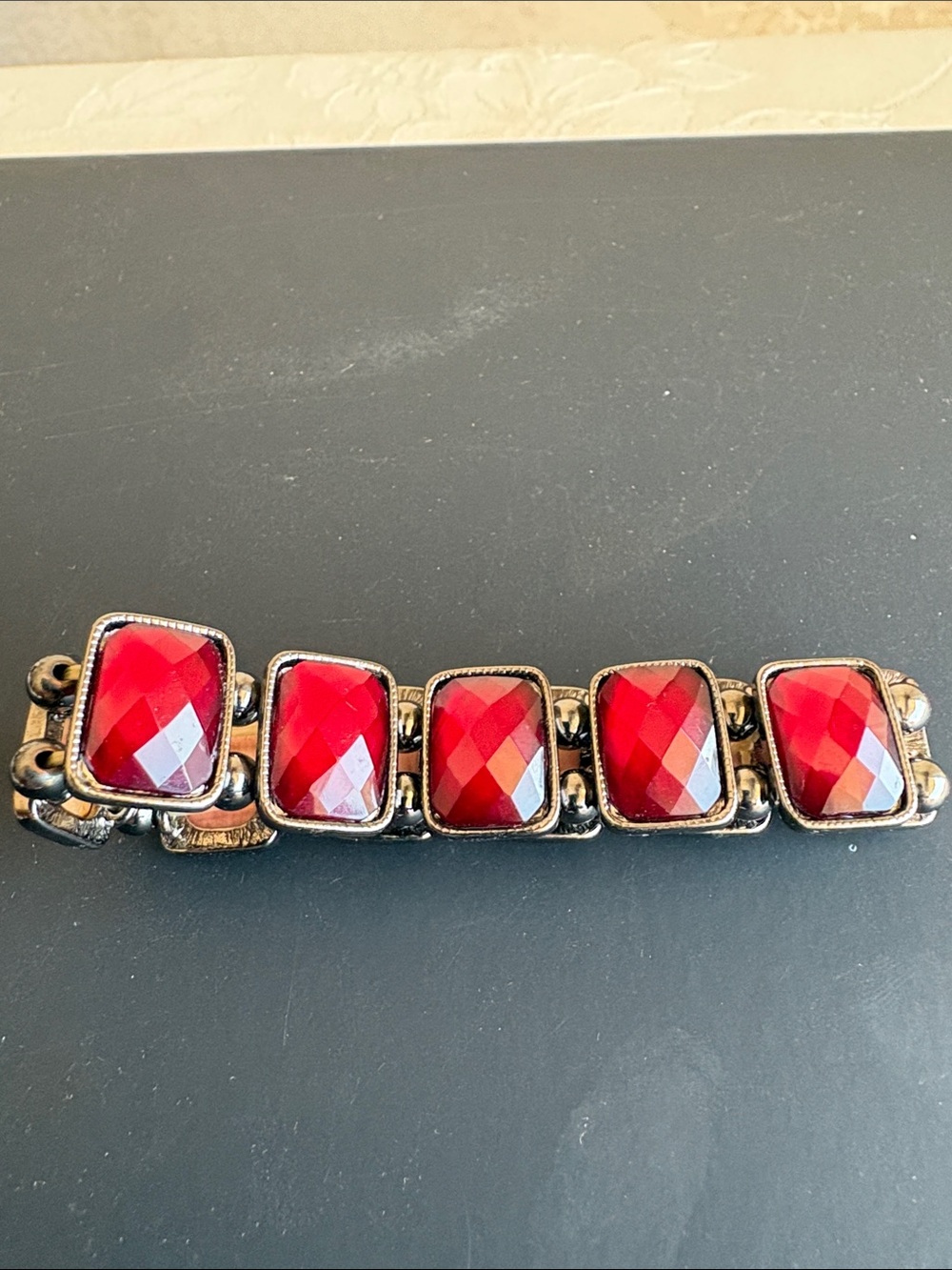 Red Faceted Stretch Bracelet with Silver-Tone Accents - Women Jewelry